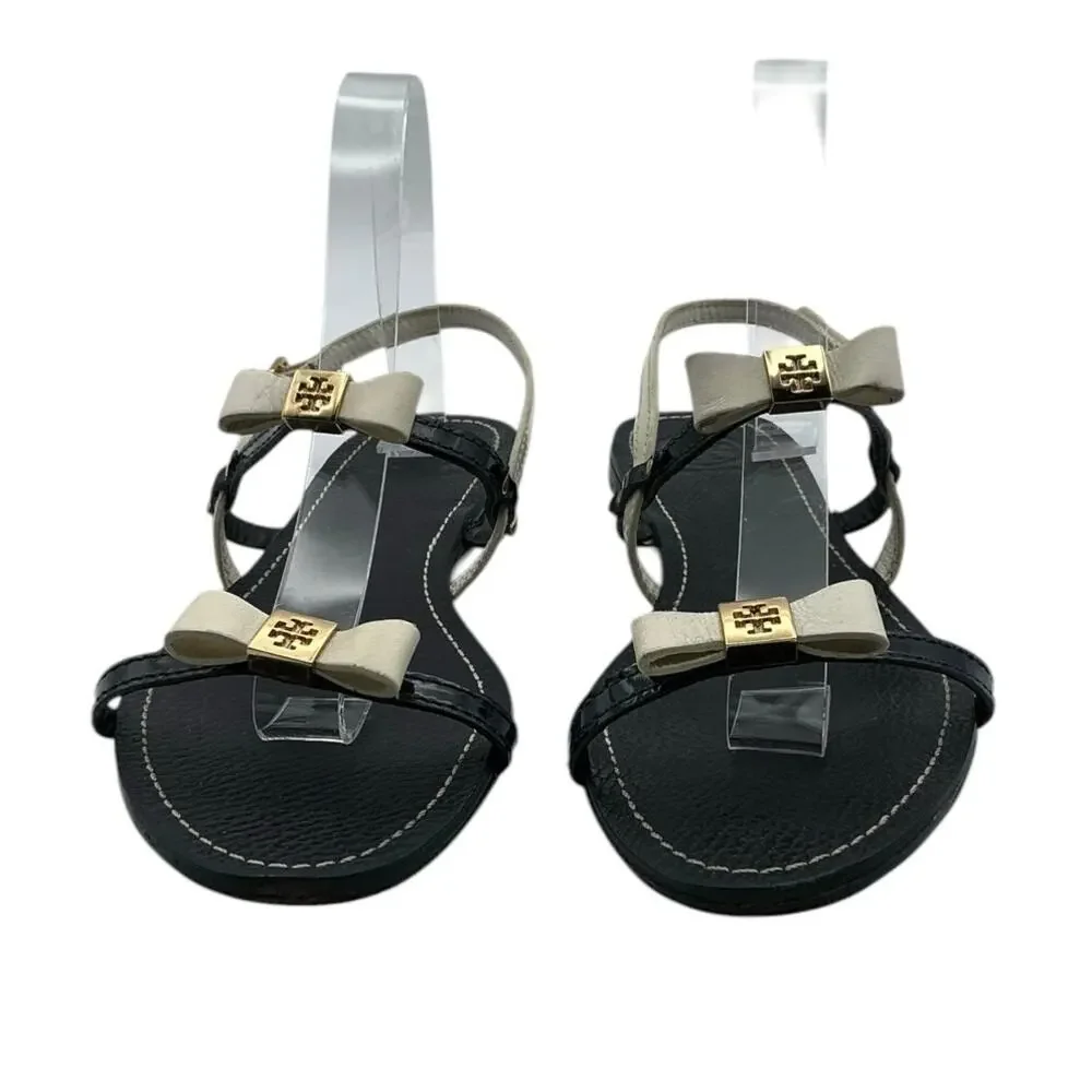Tory Burch Kailey Bow Strappy Sandal Leather Black Cream Logo 10‎